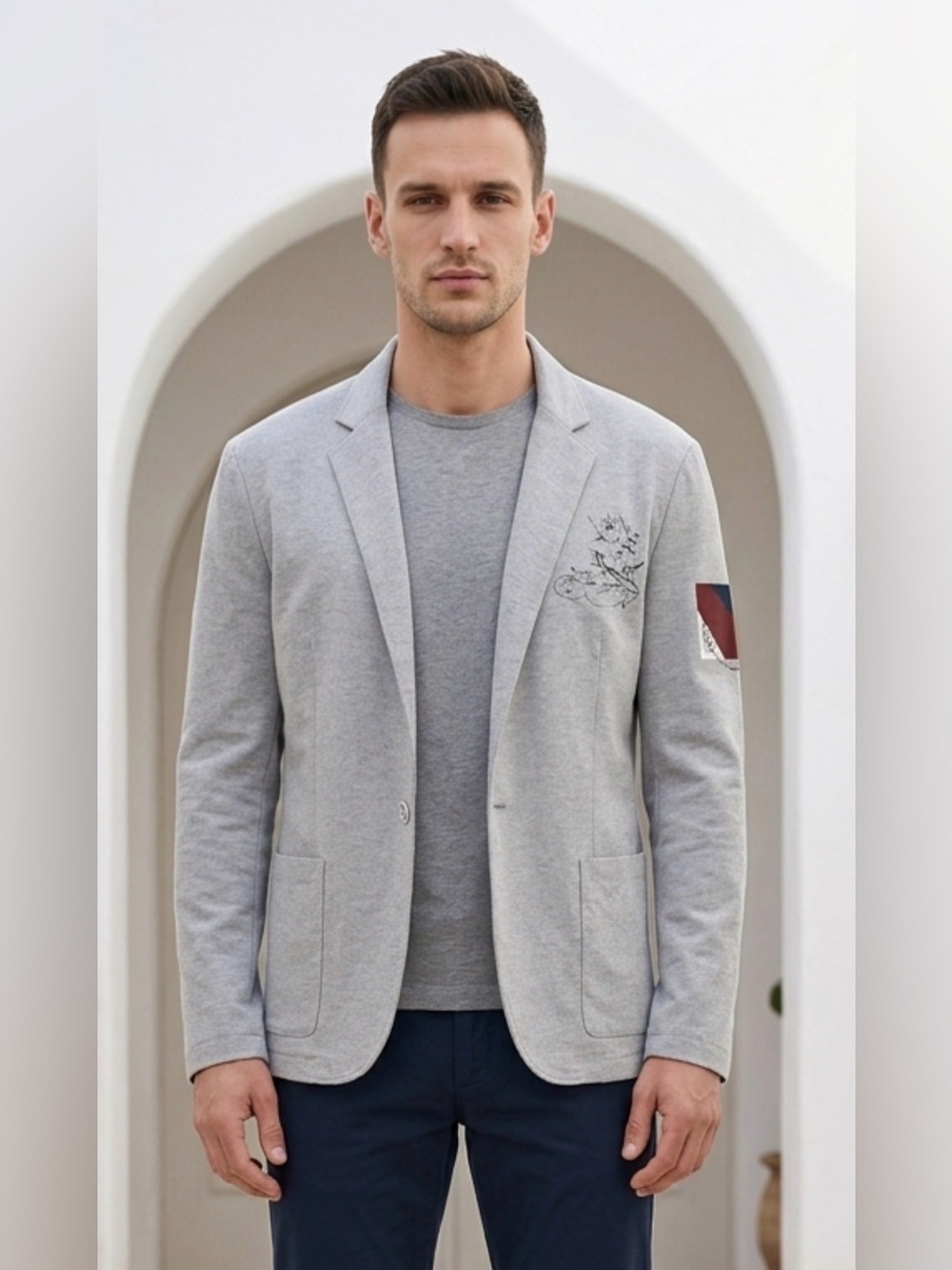 Desigual Light Gray Knit Blazer with Embroidered Detail
